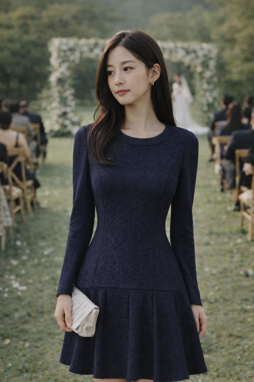 JJ지고트 프리미엄 빈티지 네이비 자카드 플레어 원피스 (44~날씬55) 상품이미지1