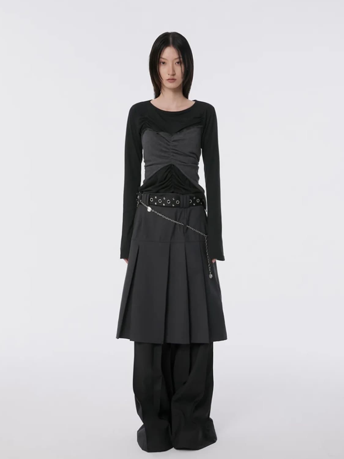 플레어업 플리츠 미디 스커트 차콜 상품이미지4