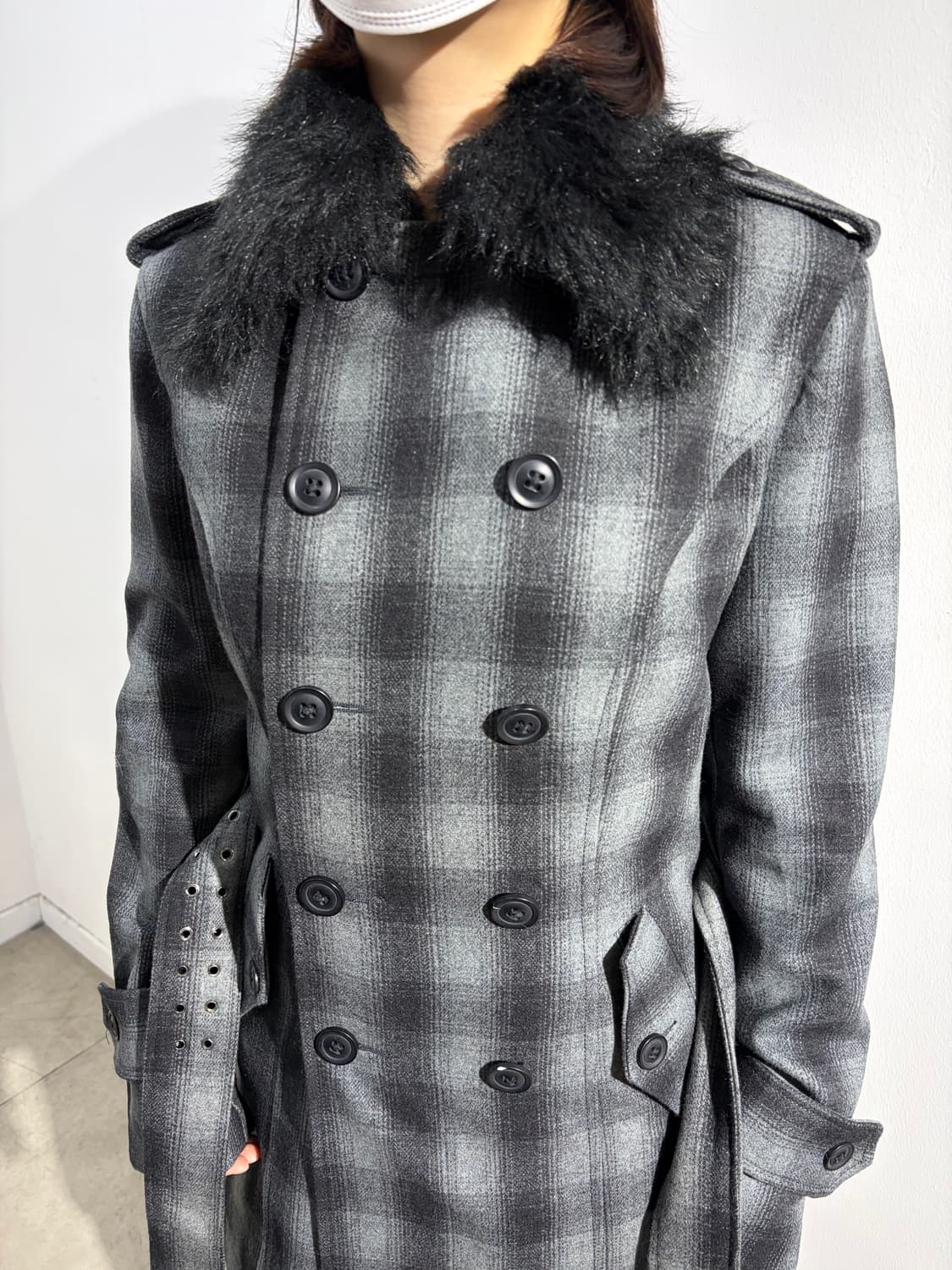 일본빈티지 Roshell 카라 퍼 차콜 체크 미디코트 상품이미지2