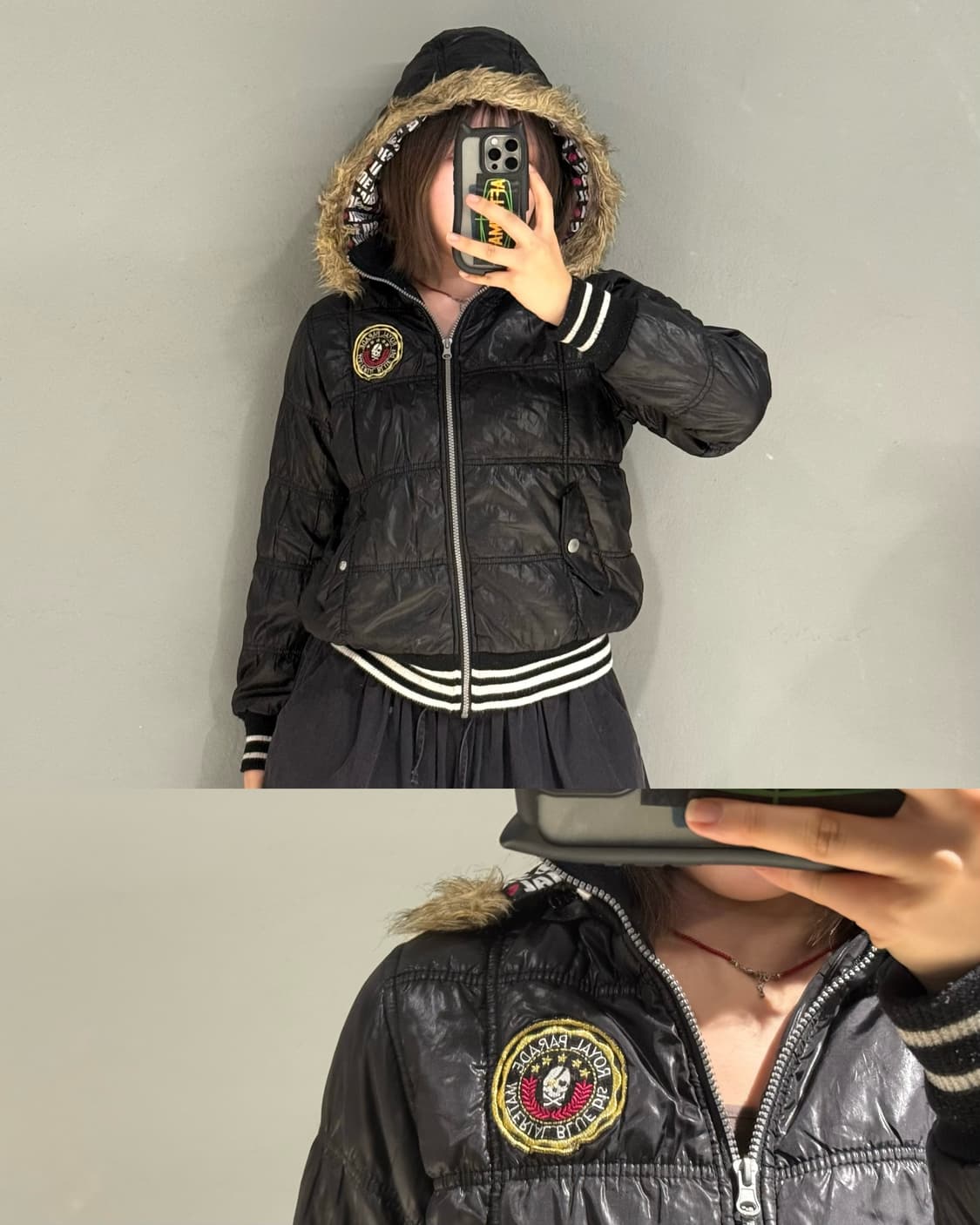 patch point fur hood glossy padding 상품이미지1