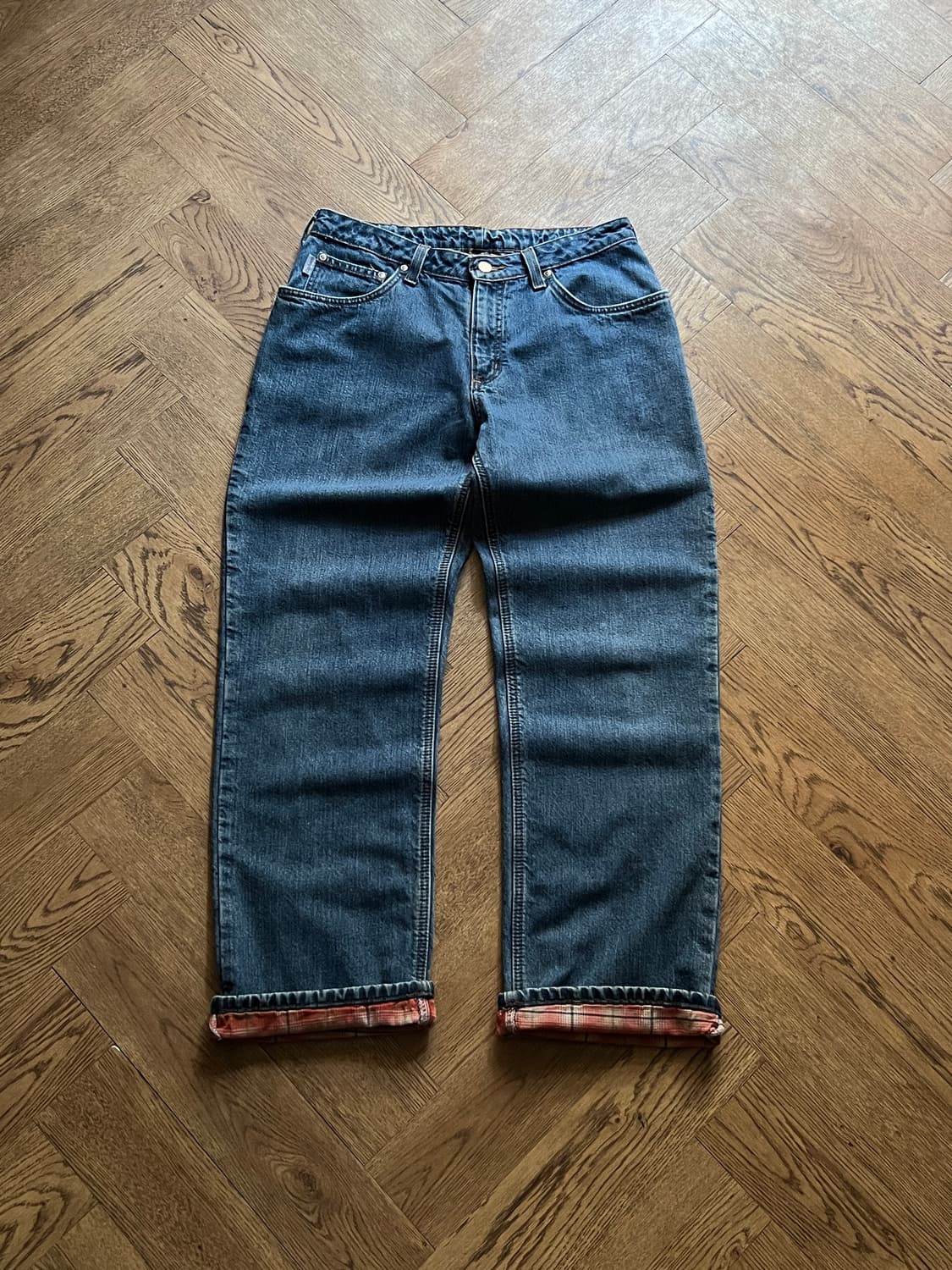 [31]칼하트 USA 체크 라이닝 빈티지 워싱 워크 데님 팬츠 상품이미지2