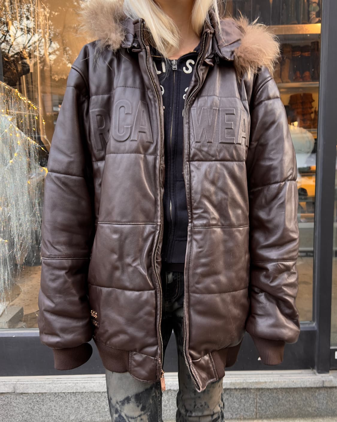 2000s 빈티지 로카웨어 가죽 & 퍼 트리밍 패딩 코트 상품이미지6