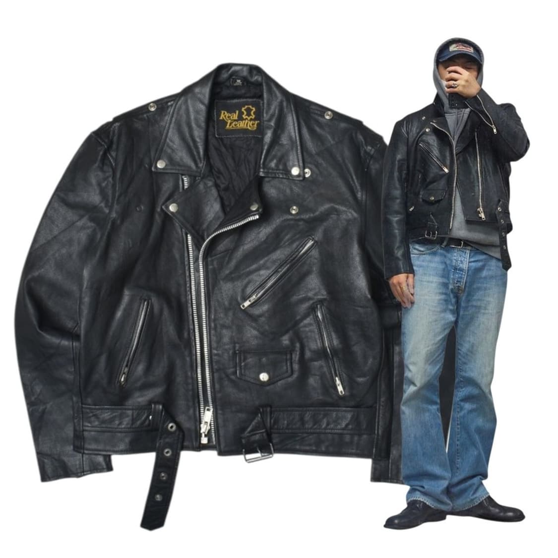 90S 리얼 레더 라이더 가죽 자켓 XL N1159 상품이미지1