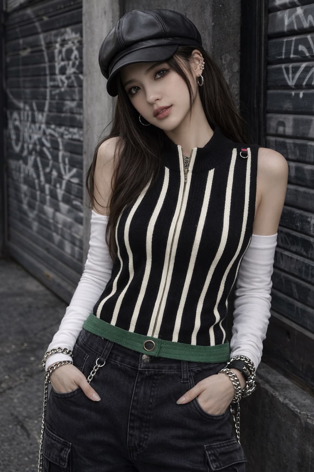 🧥 A6 스트라이프 니트 집업 베스트 (블랙 / 아이보리) 상품이미지1