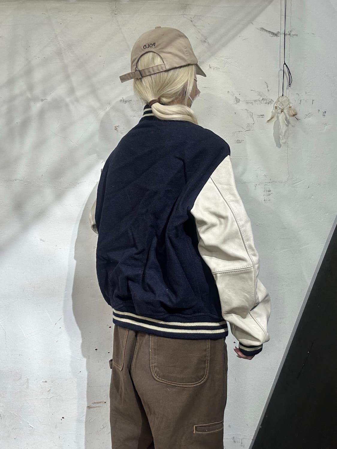 일본 빈티지 네이비 레더 울 모직 바시티 자켓 L 상품이미지3