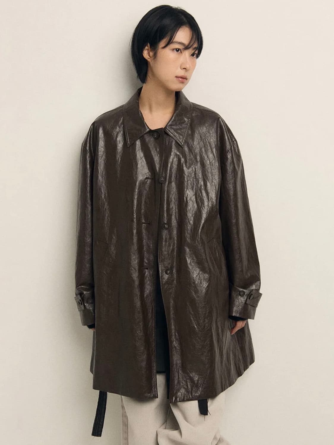 로우타이드 레더 하프 코트 브라운 상품이미지1