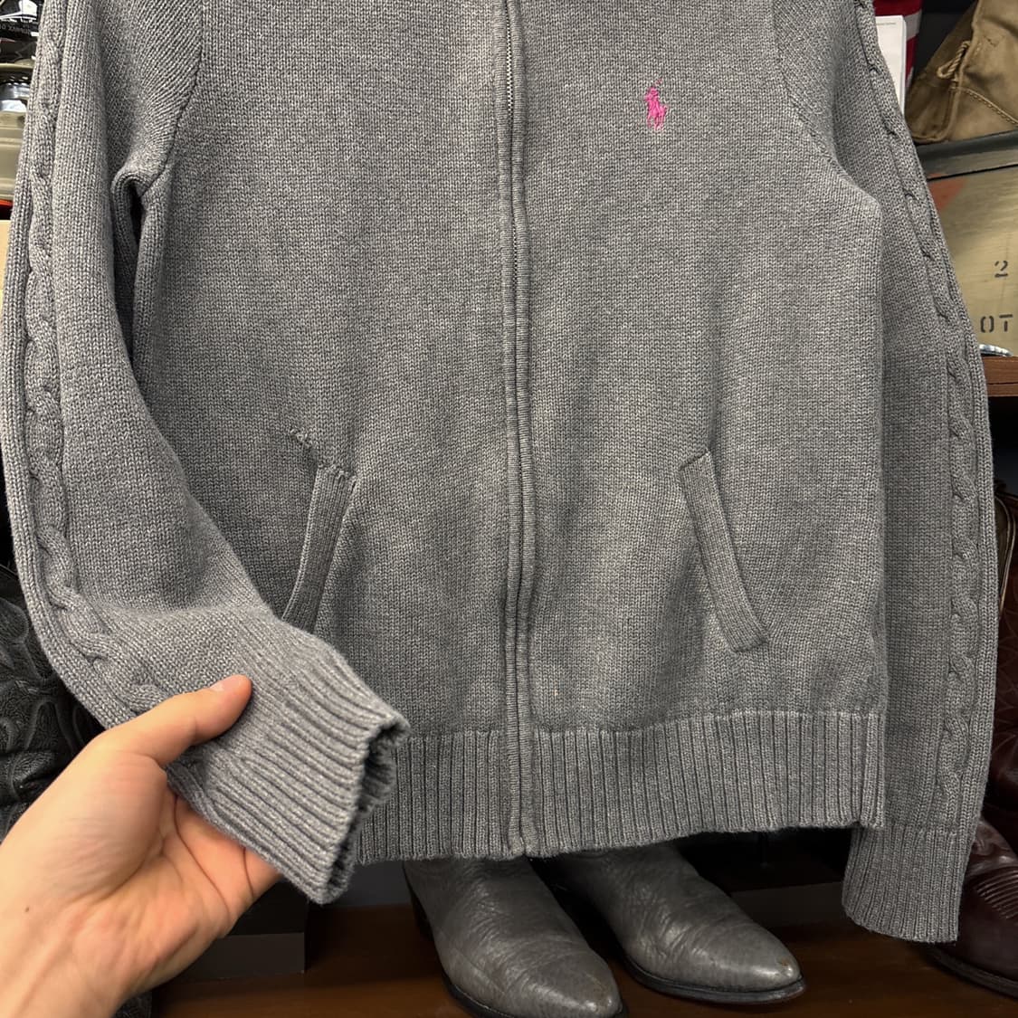 90s 폴로 랄프로렌 핑크포니 케이블 코튼 하이넥 니트집업  N318 상품이미지4