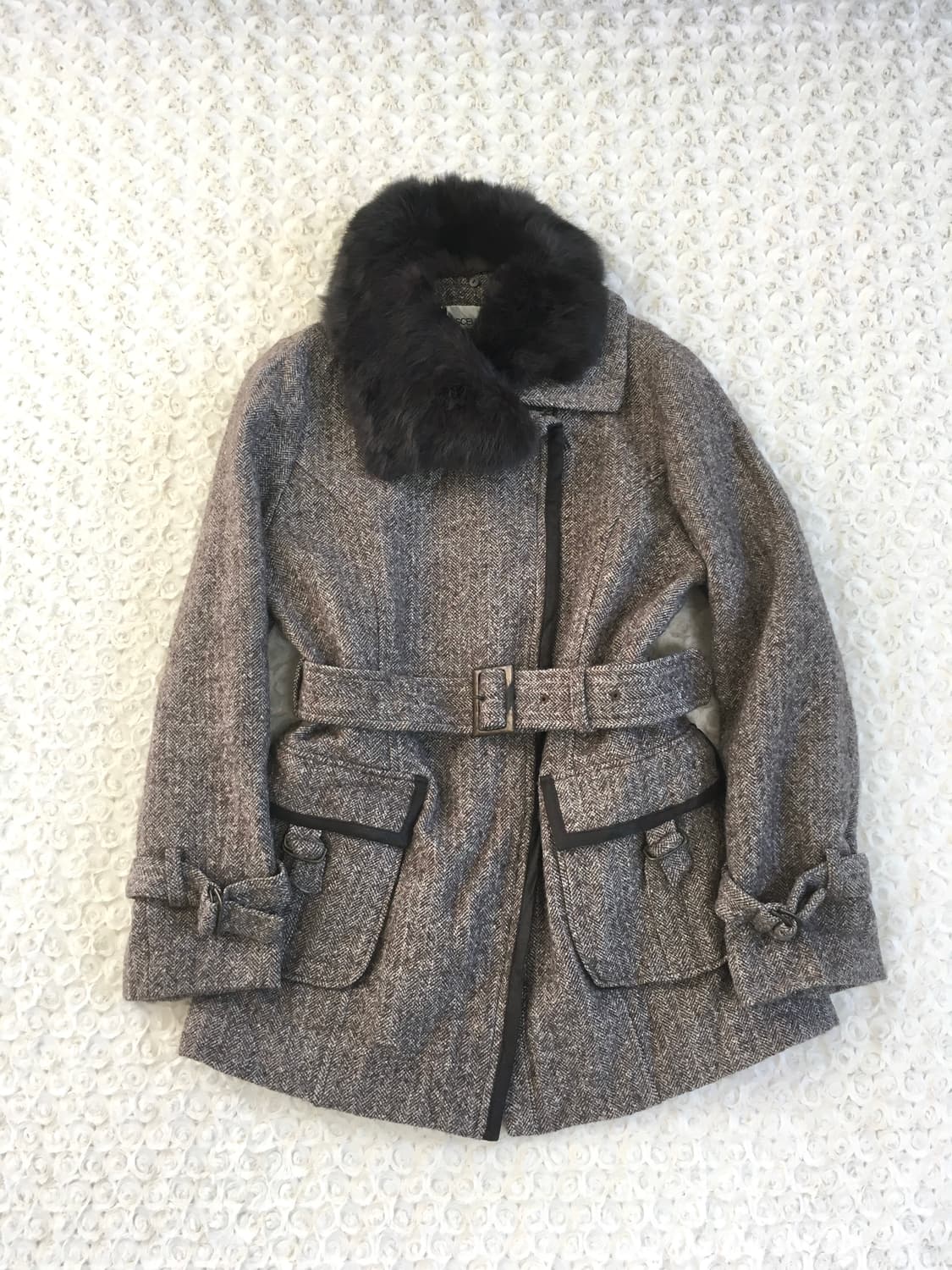  brown herringbone furcollar belted coat 상품이미지6