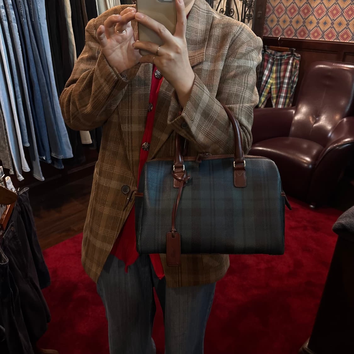 랄프로렌 블랙워치 체크 가죽 트리밍 보스턴백 토트백 상품이미지10