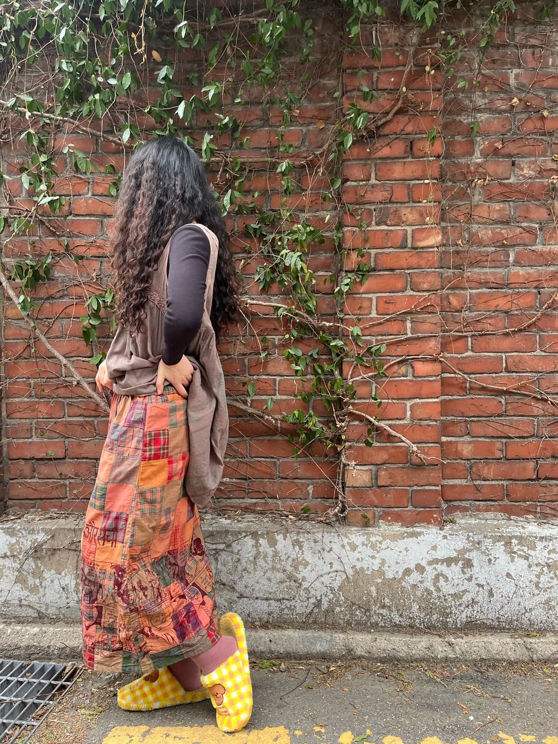 히피 문양 체크 패치 롱스커트 상품이미지4