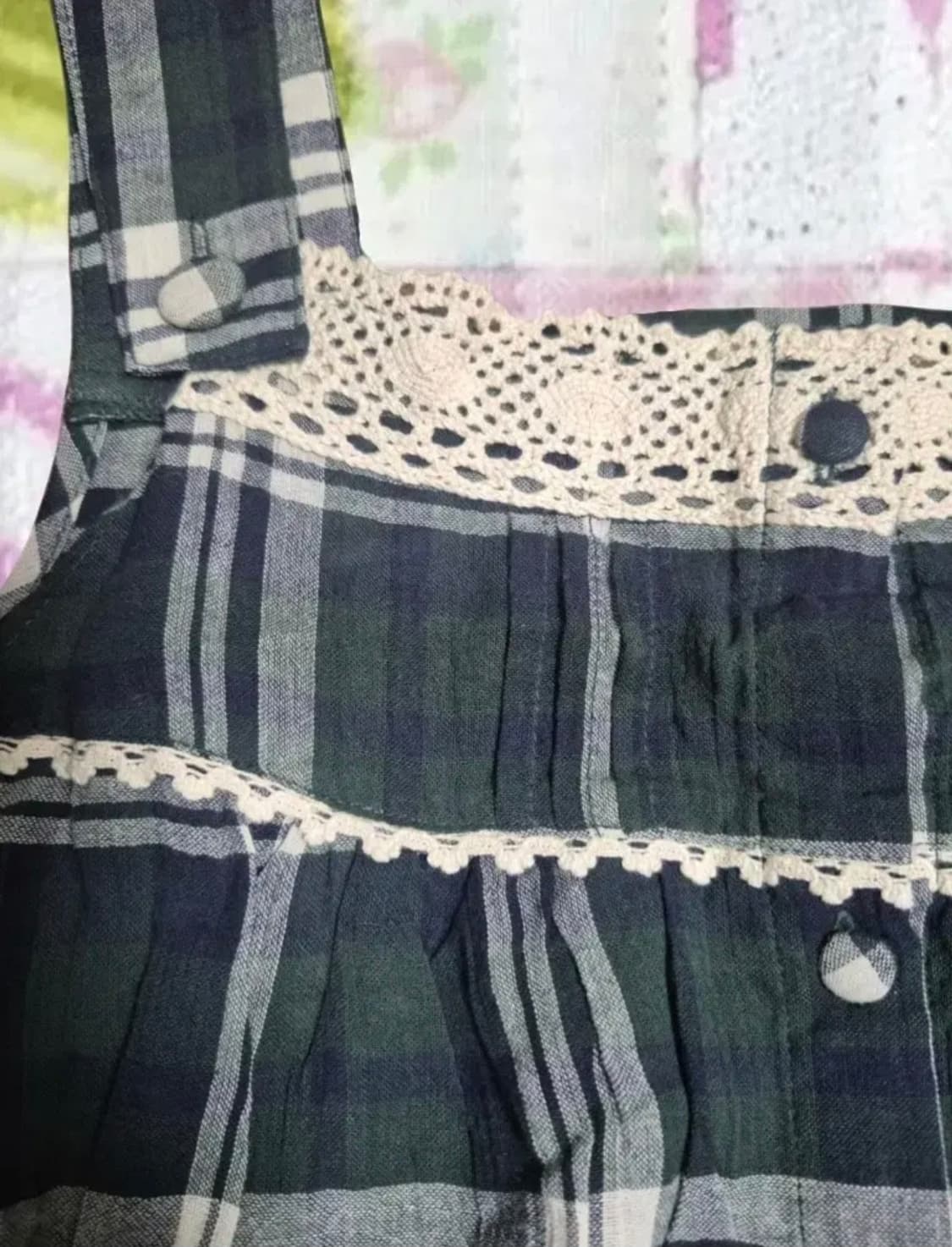 빈티지 모리걸 체크 레이스 스트링 슬리브리스 블라우스 상품이미지3