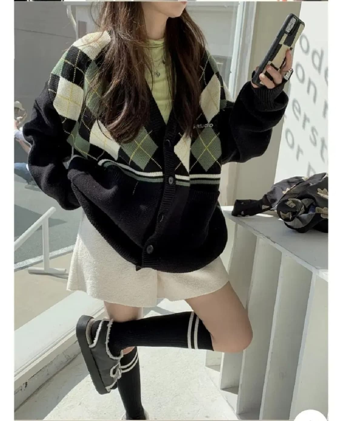빈티지아가일니트집업가디건아방박시보이핏브이넥체크오버핏모리걸니트스웨터자켓 상품이미지7