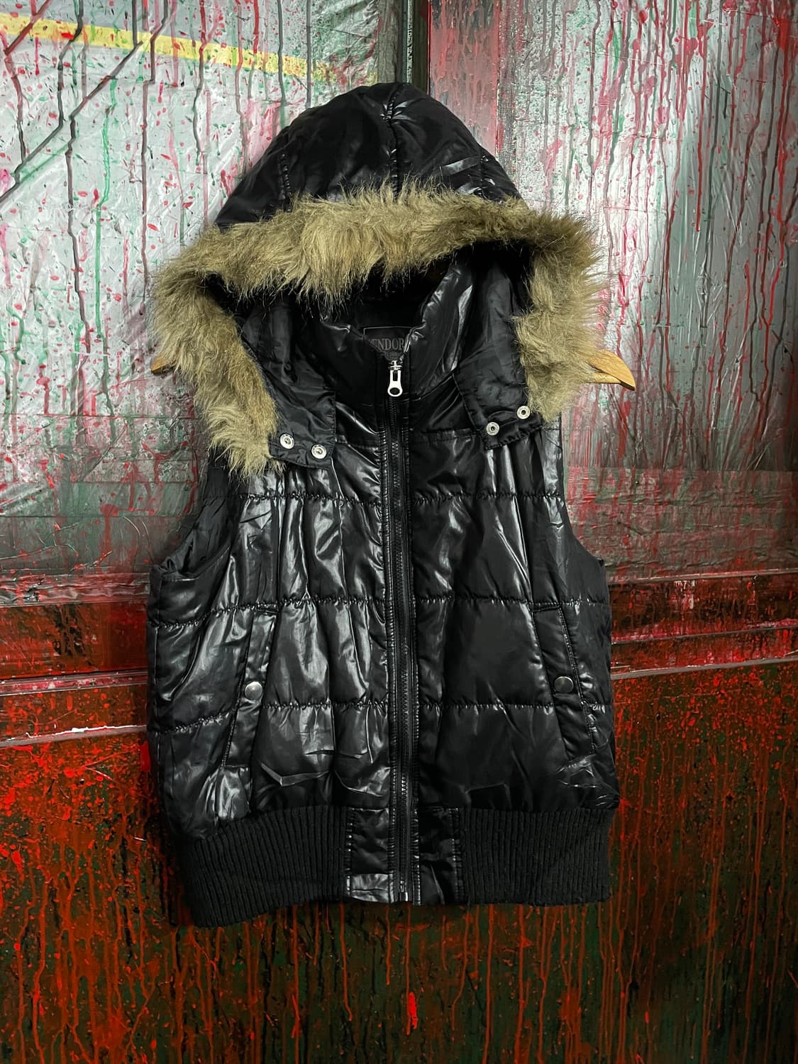 일본 빈티지 울프죠 퍼 후드 갸루 패딩조끼 베스트 L 상품이미지5