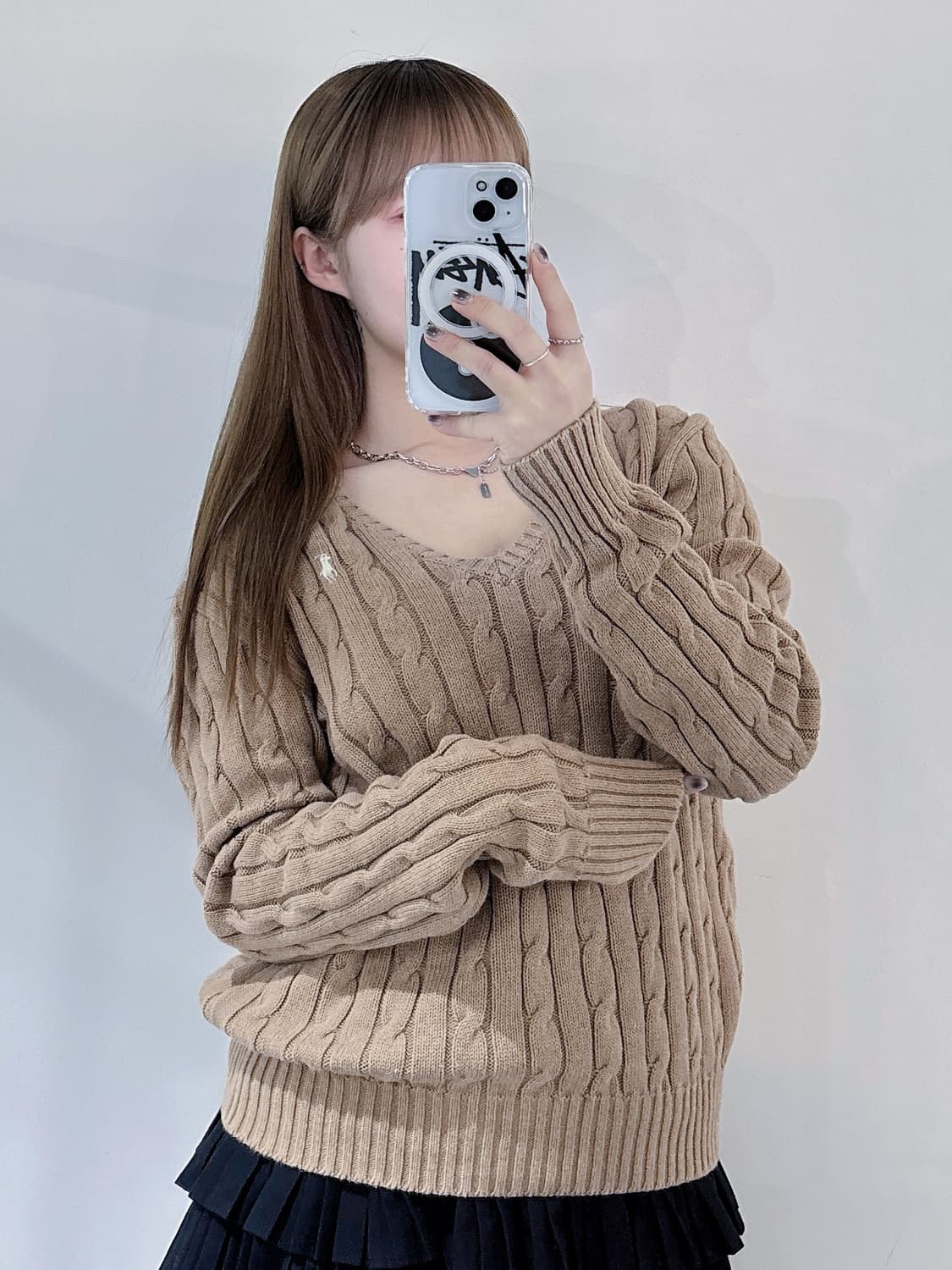 폴로랄프로렌 베이지 화이트포니 브이넥 케이블니트 상품이미지1