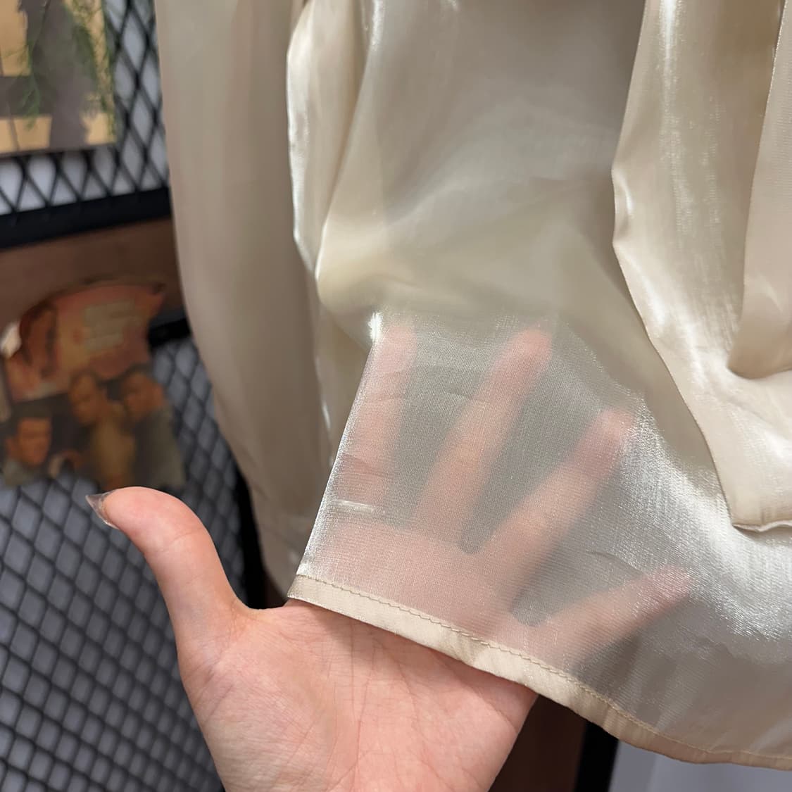 Beige Shimmer Sheer Long-Sleeve Blouse 상품이미지5