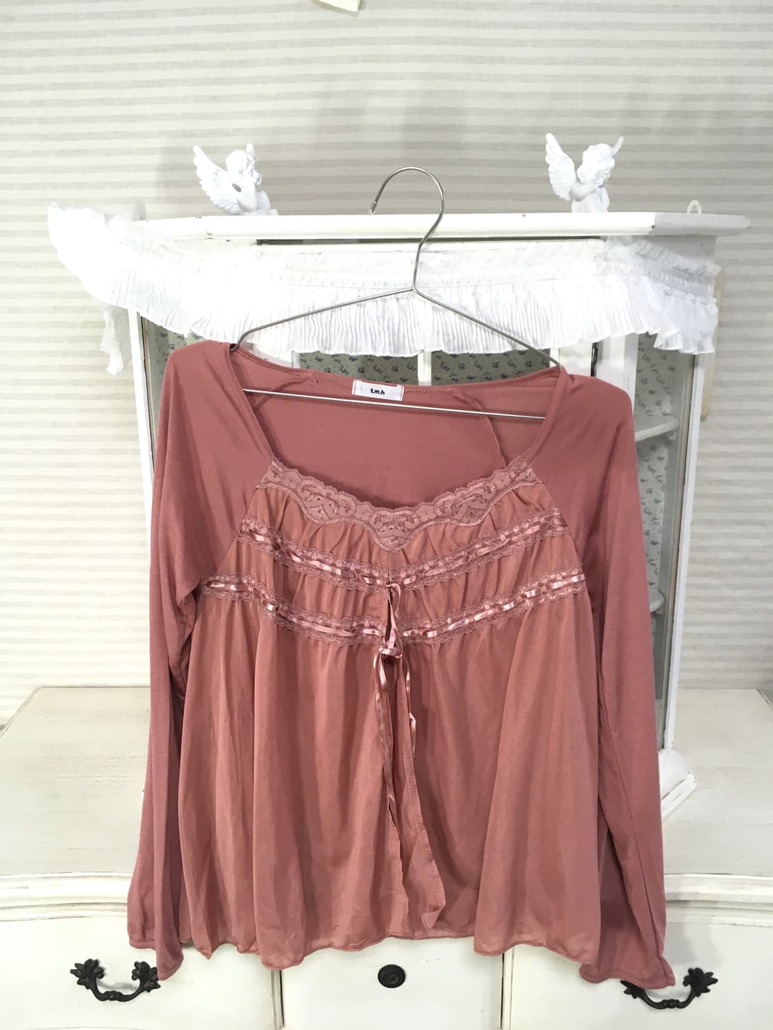 jpn vintage 핑크 레이스 아일렛 레어드 가디건 상품이미지4