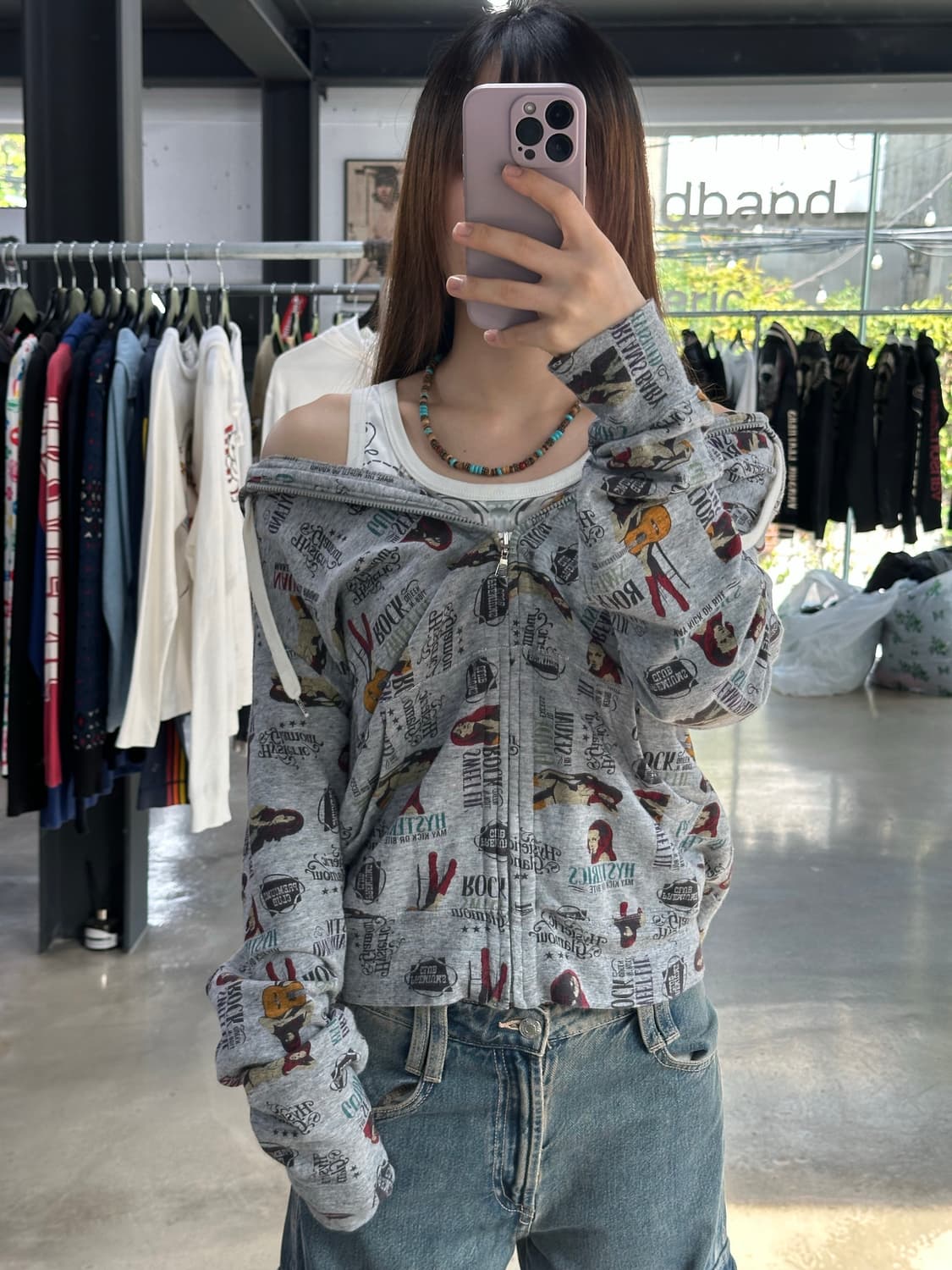 히스테릭글래머 히스걸 뉴스페이퍼 풀로고 후드집업 상품이미지1