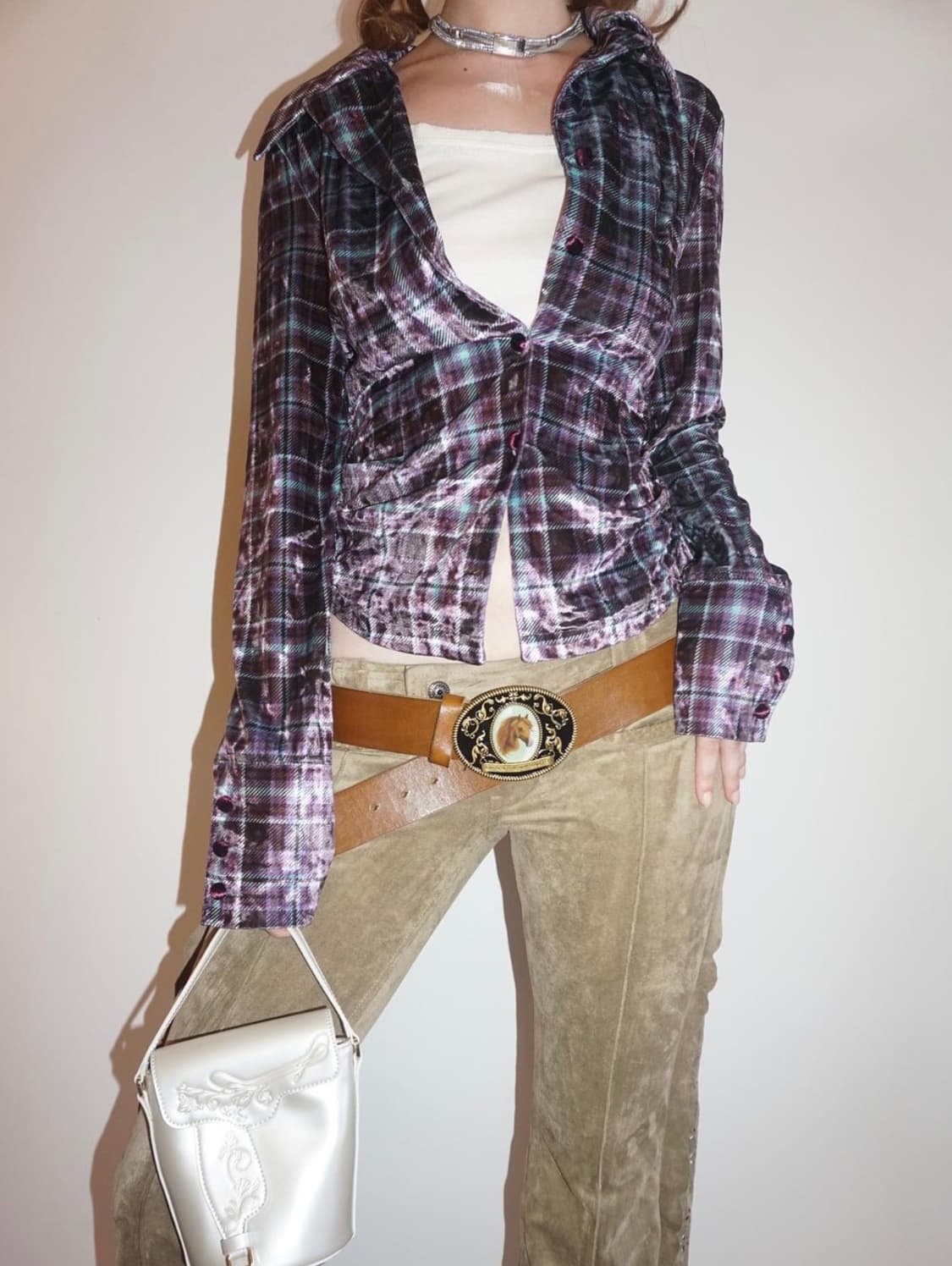 스컬프터 Velour Collar Shirt Purple Check 상품이미지3