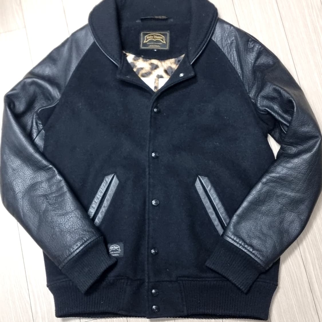 누드본즈 블랙 레더 배색 스타디움 자켓(95) 상품이미지1