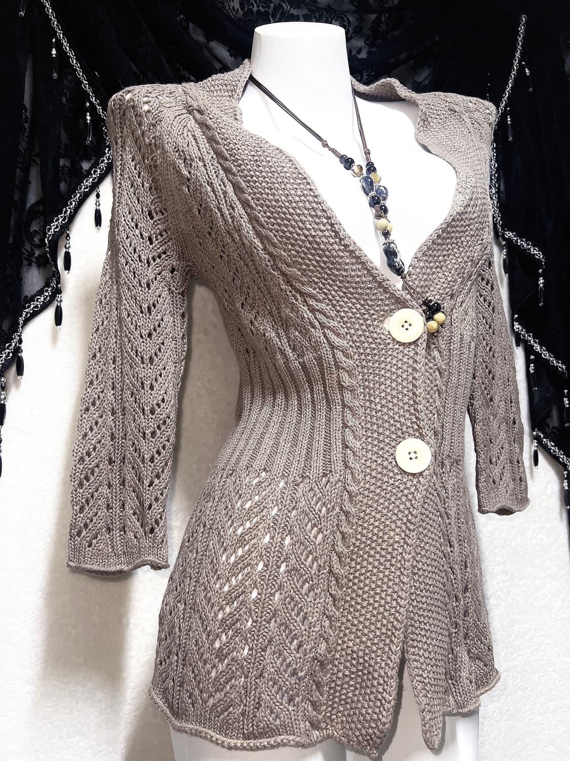 라떼갸루 모리걸 브라운 빈티지 니트 뜨개 가디건 7부 페어리 00s 핀터 상품이미지5