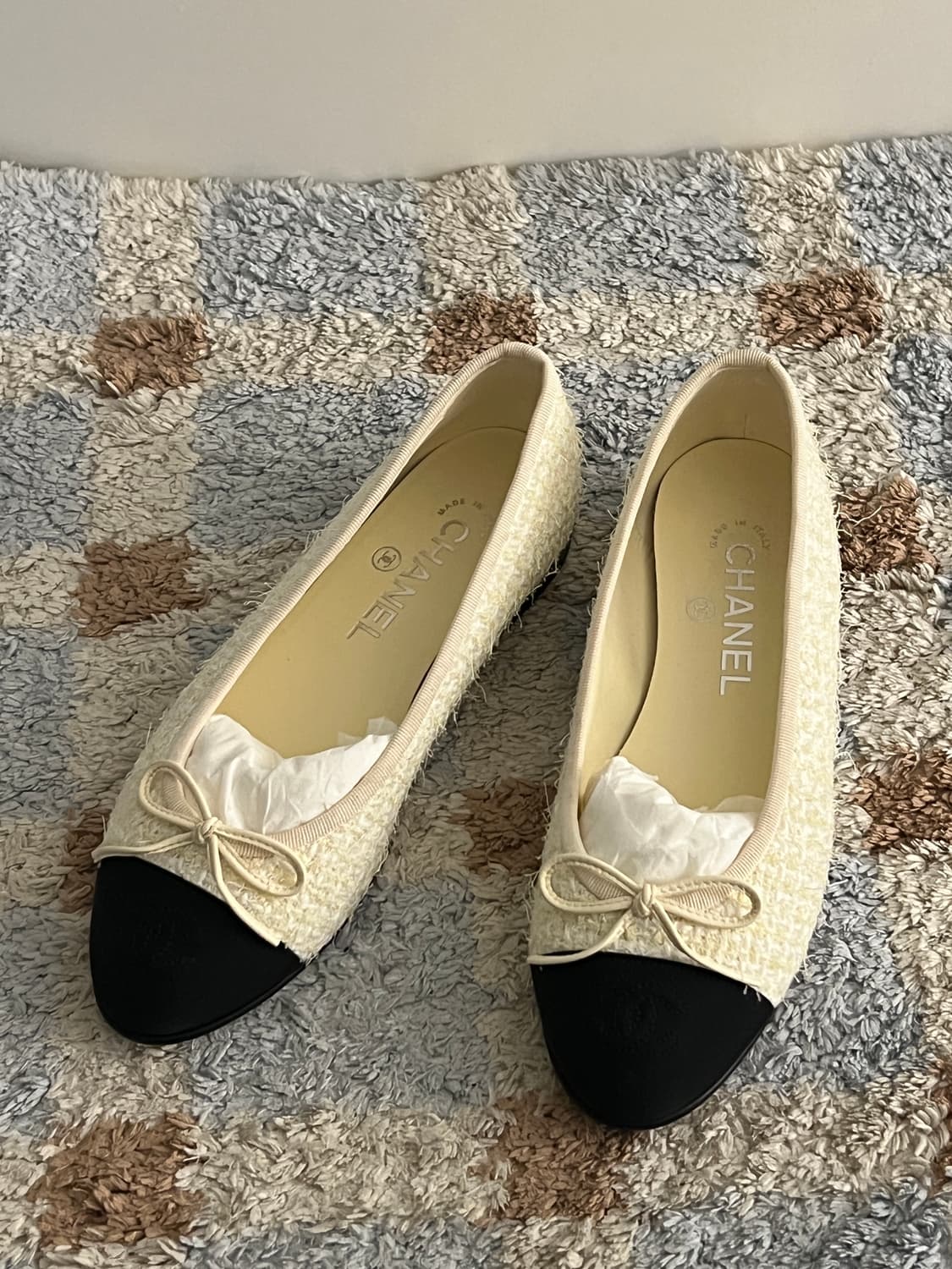 샤넬 발레리나 플랫 코튼 트위드 그로그랭 & 라이트 옐로우 블랙 상품이미지3