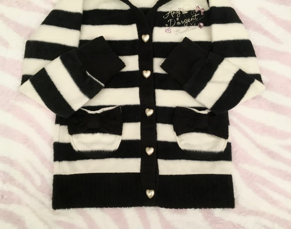 블랙 스트라이프 퍼 후드 가디건 하트쥬얼버튼 리본포켓 갸루 조지후쿠 상품이미지6