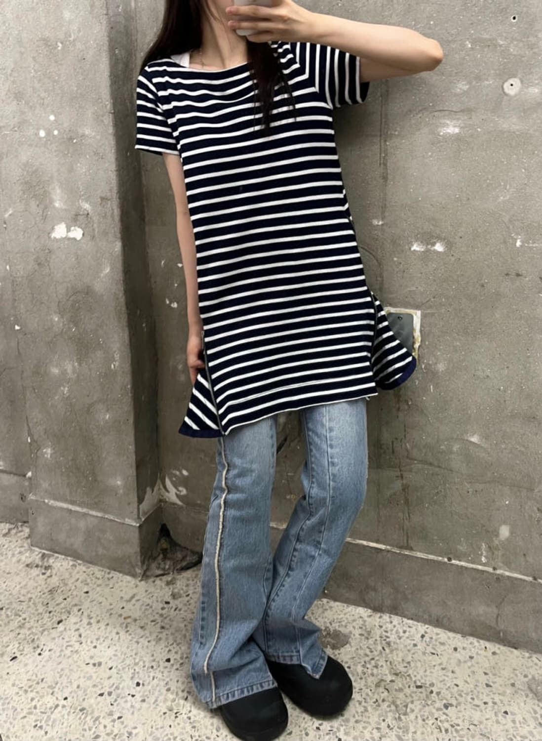 Sacai 사카이 네이비 단가라 프릴 미니 원피스 상품이미지1