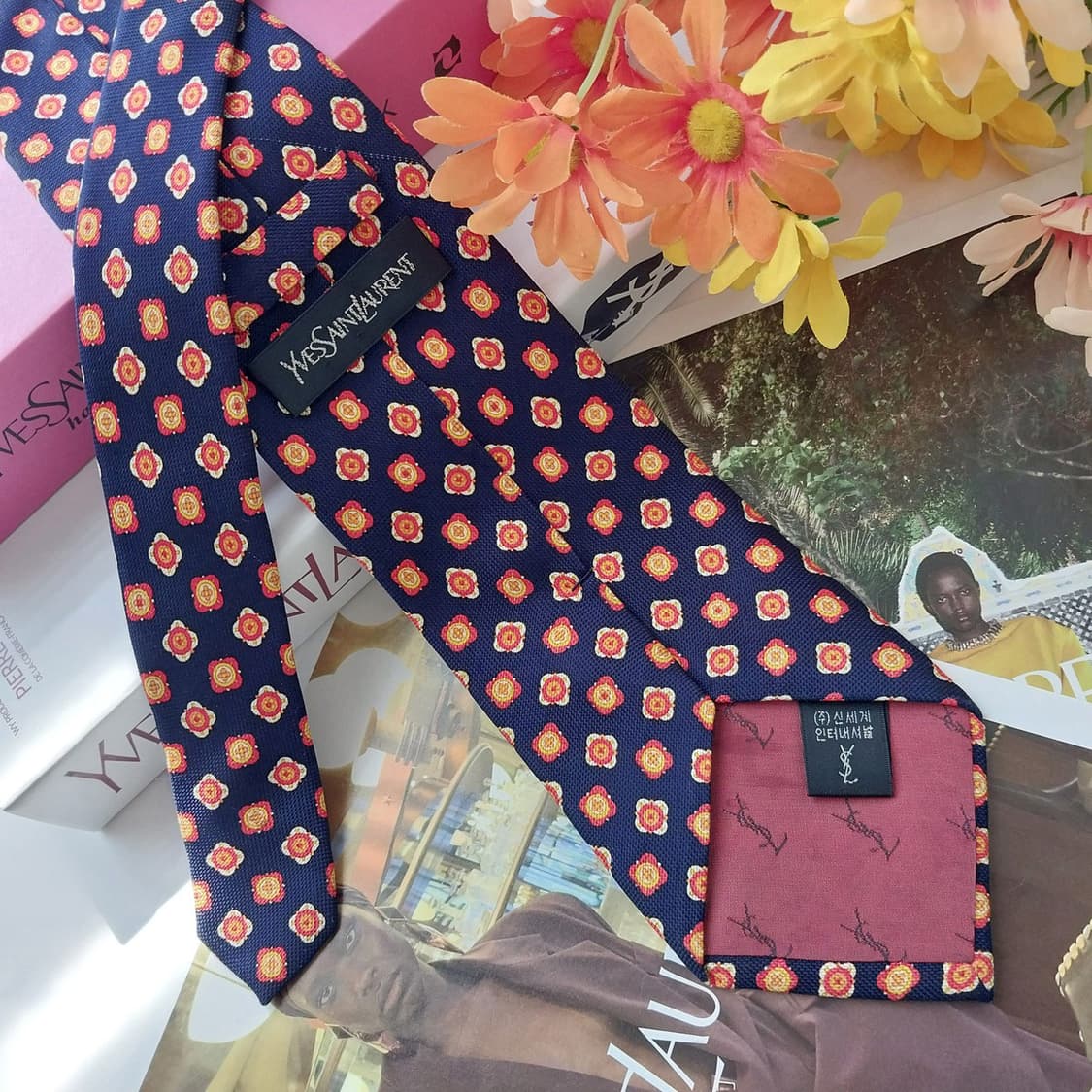 입생로랑 실크 네이비 플라워 모티브 넥타이 9.4cm A등급 K2583 상품이미지5