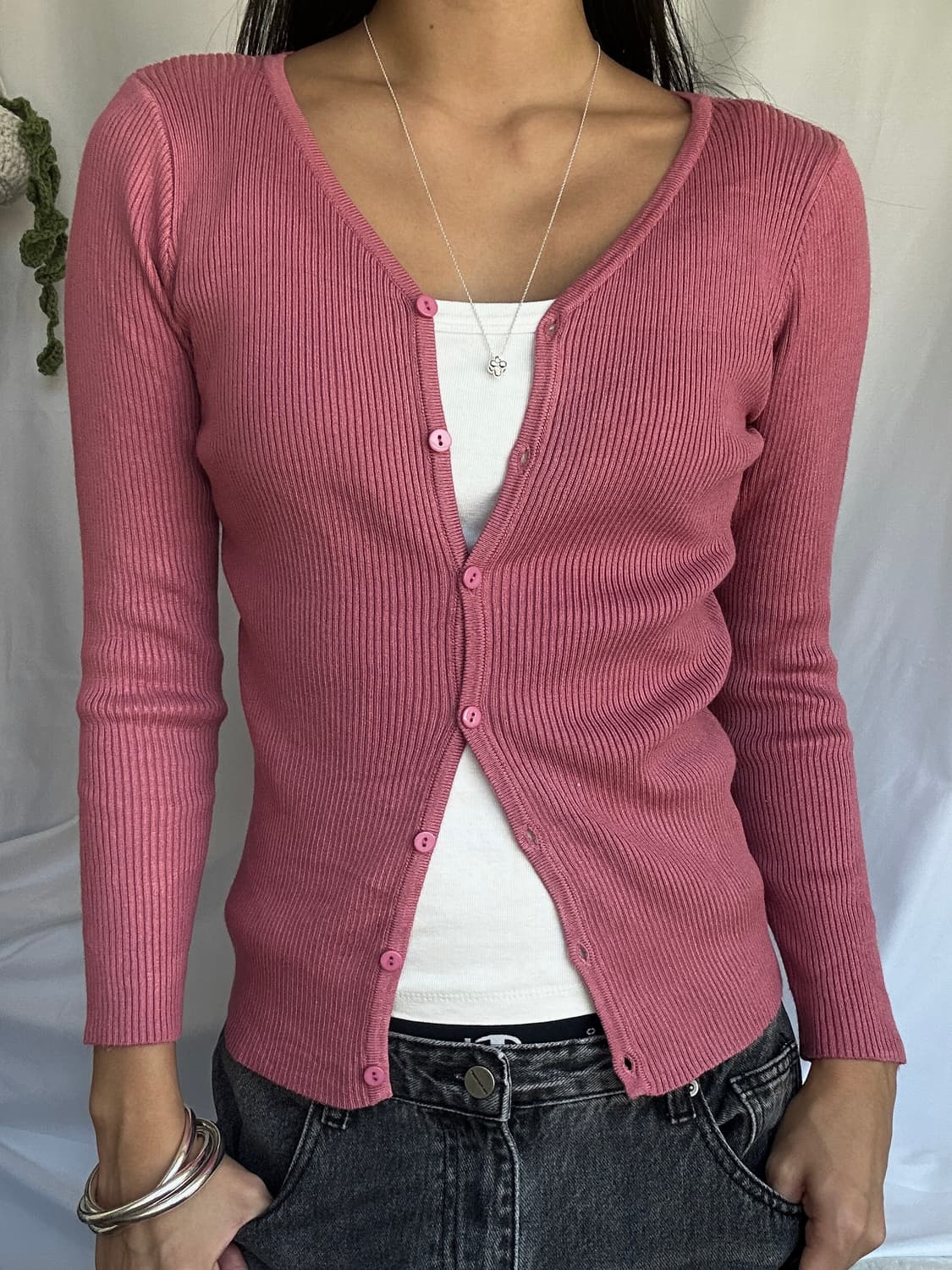빈티지 핑크 골지 가디건 상품이미지2