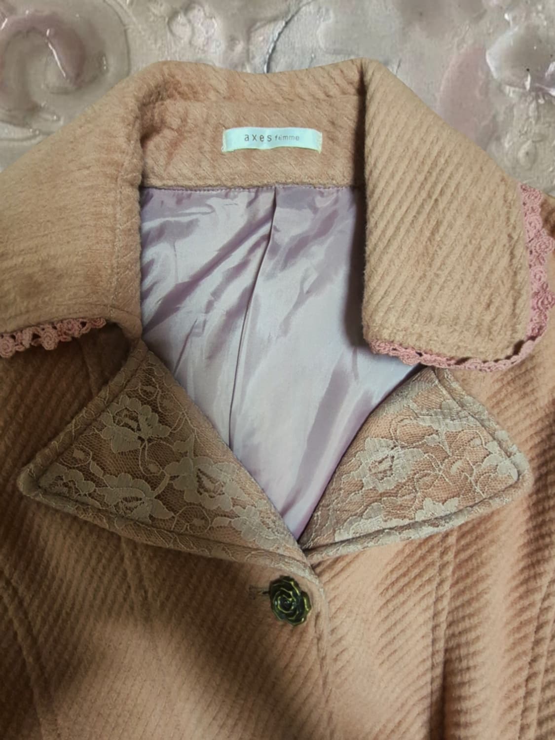 빈티지 슈가슈가룬 레이스 장미 앤틱 엑시즈팜 코듀로이 핑크 트렌치 코트 상품이미지2