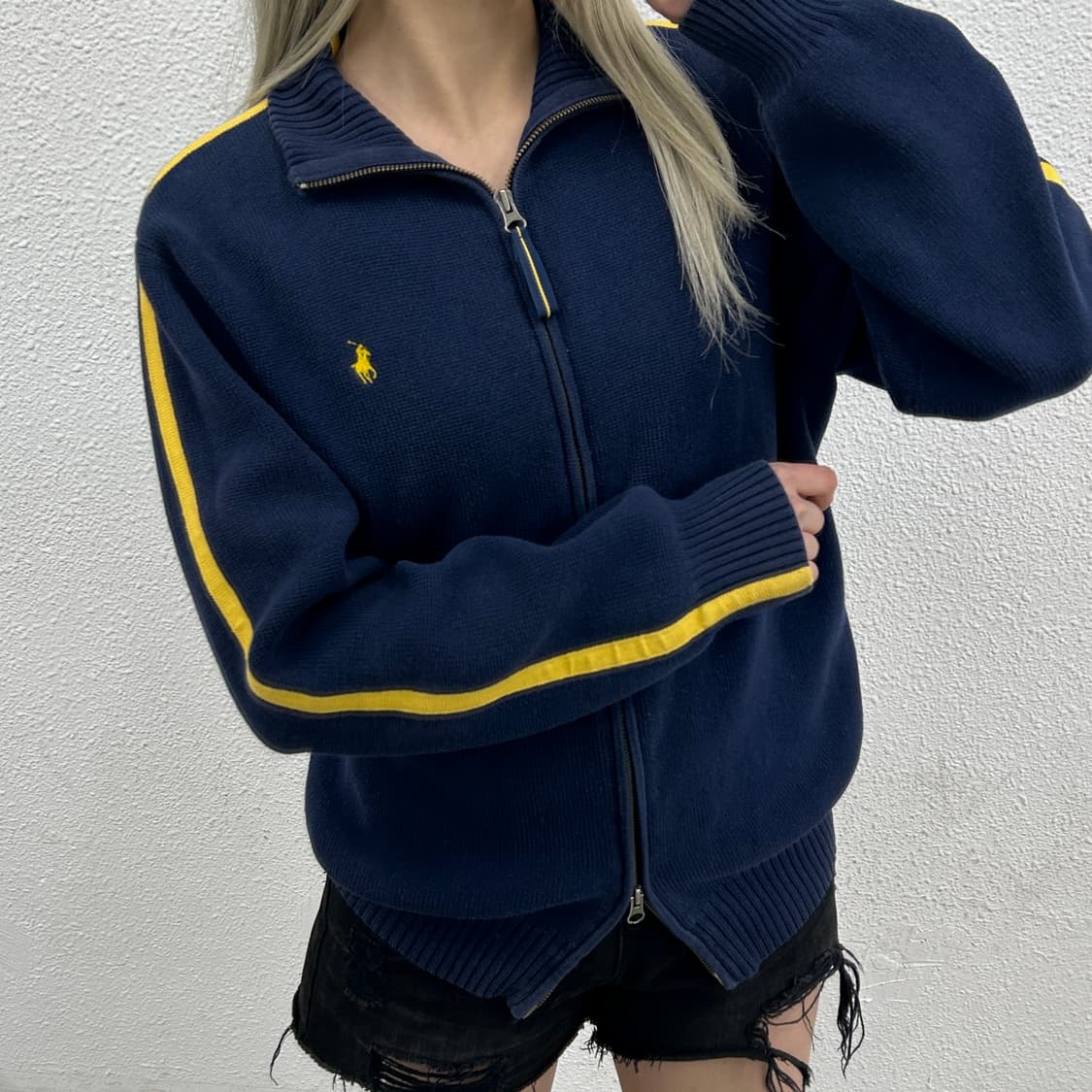 폴로 랄프로렌 옐로우포니 옐로우라인 네이비 투웨이 니트집업 XL 상품이미지1