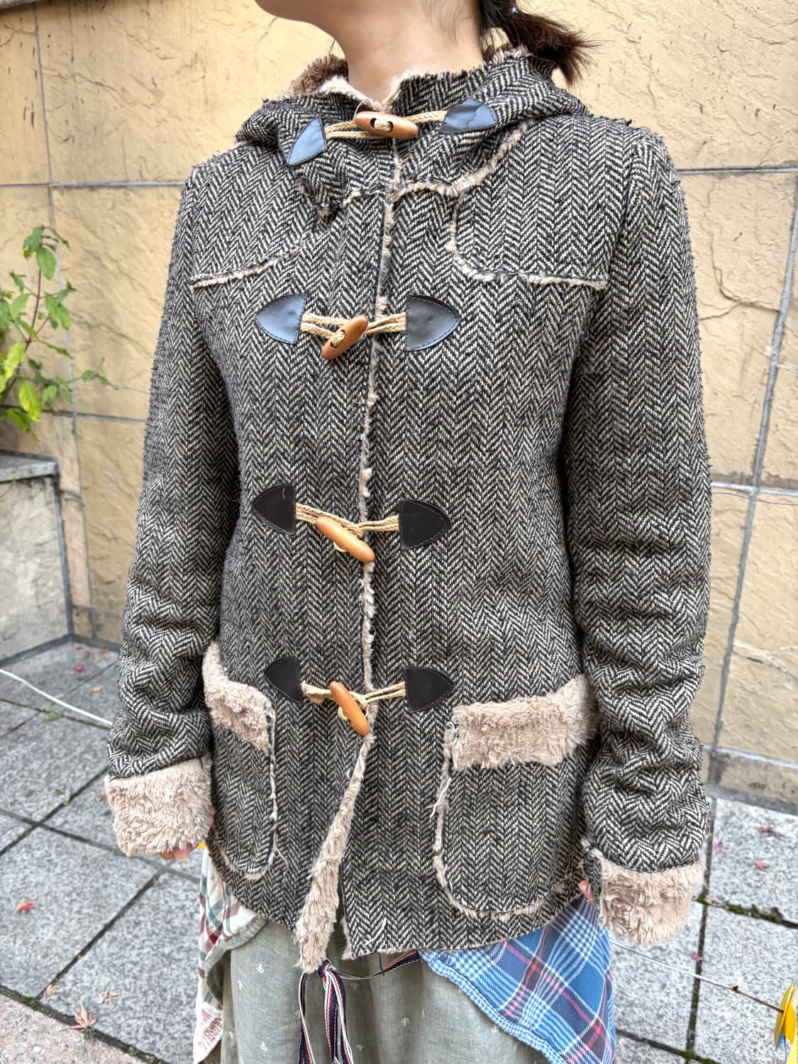 일본 빈티지 헤링본 털후드 떡볶이 코트 상품이미지1