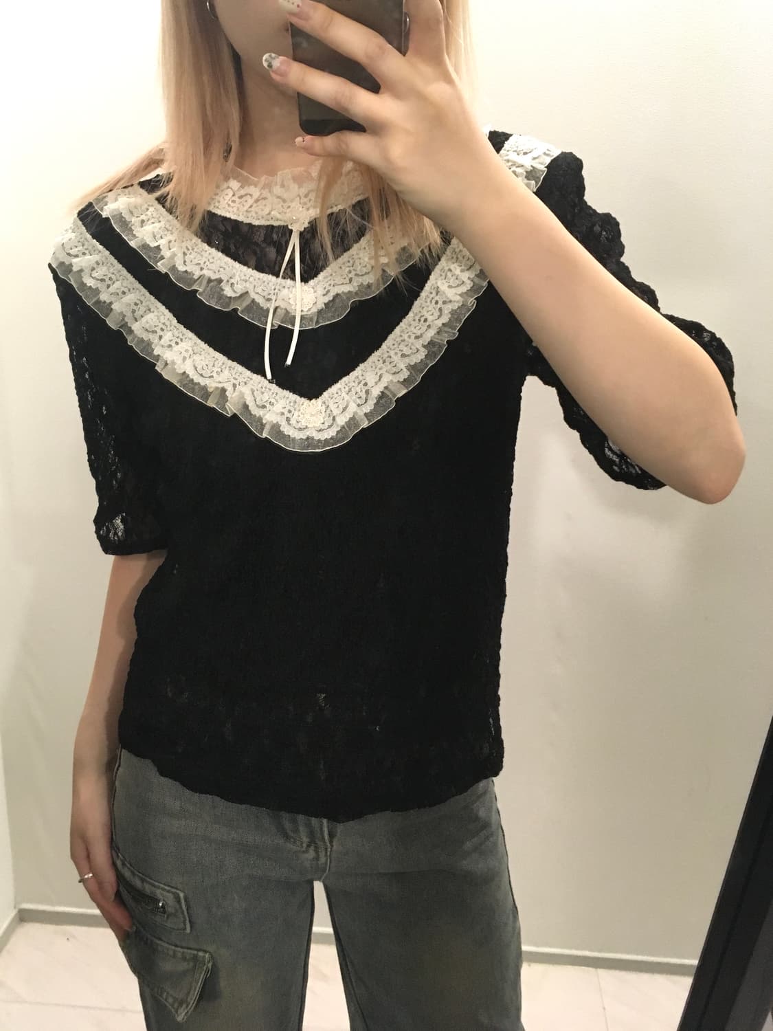 jpn vintage 블랙 로걀 러플 레이스 블라우스 상품이미지3