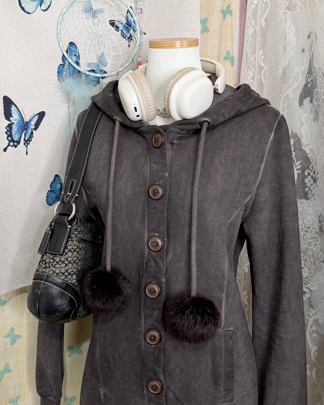 브라운 피그먼트 후드 가디건 원피스 상품이미지5