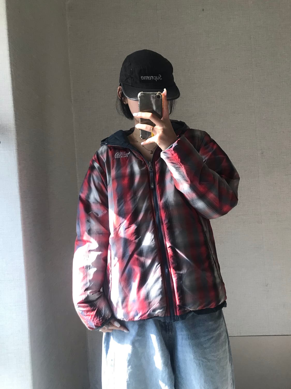 노페 체크 청록 리버시블 패딩 상품이미지1