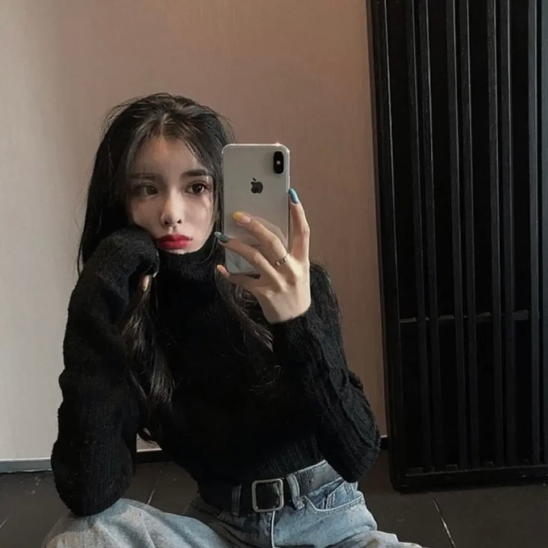 하이넥 터틀 폴라 시스루 니트탑 (블랙,검정) 상품이미지1