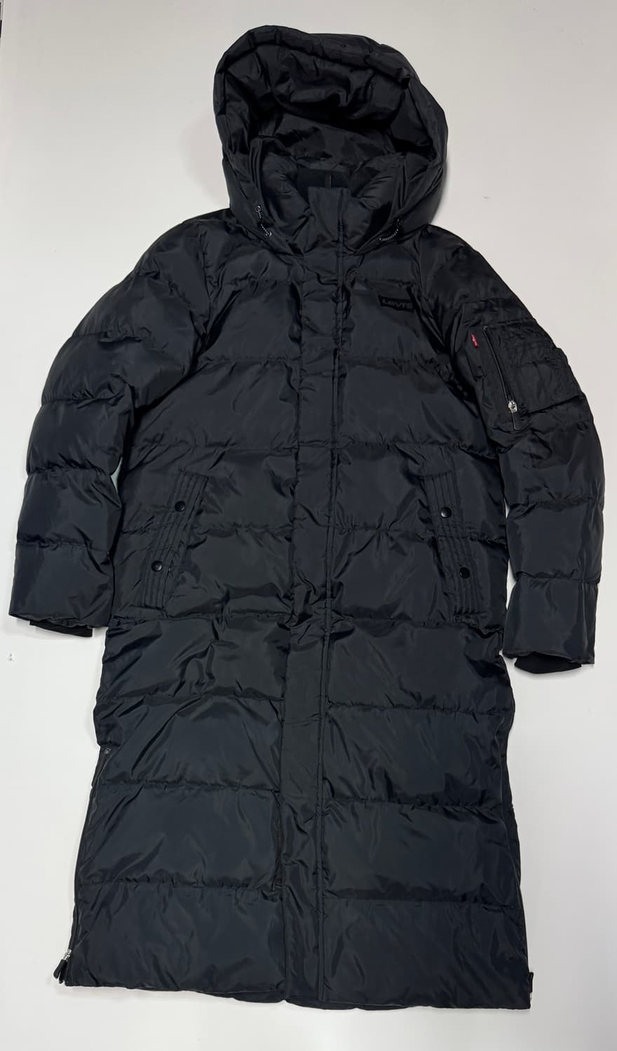 여성 리바이스 블랙 로고 포인트 암포켓 후드 롱패딩 s 상품이미지1