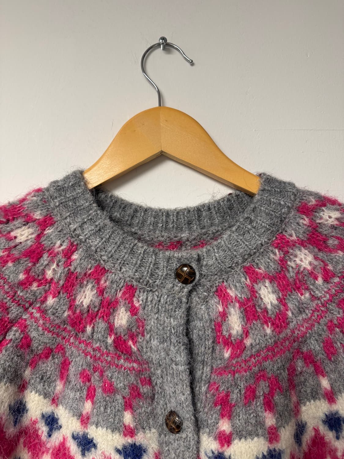 빈티지 그런지 노르딕 패턴 알파카 울 그레이 가디건 M 상품이미지2