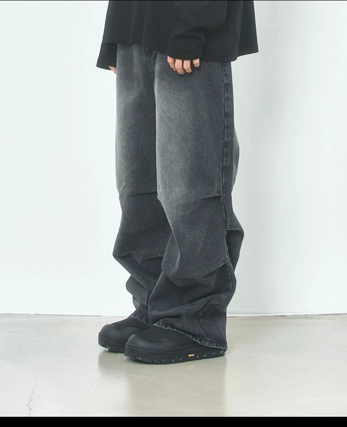 llud Wide Front Tuck Denim Pants Black L 상품이미지3