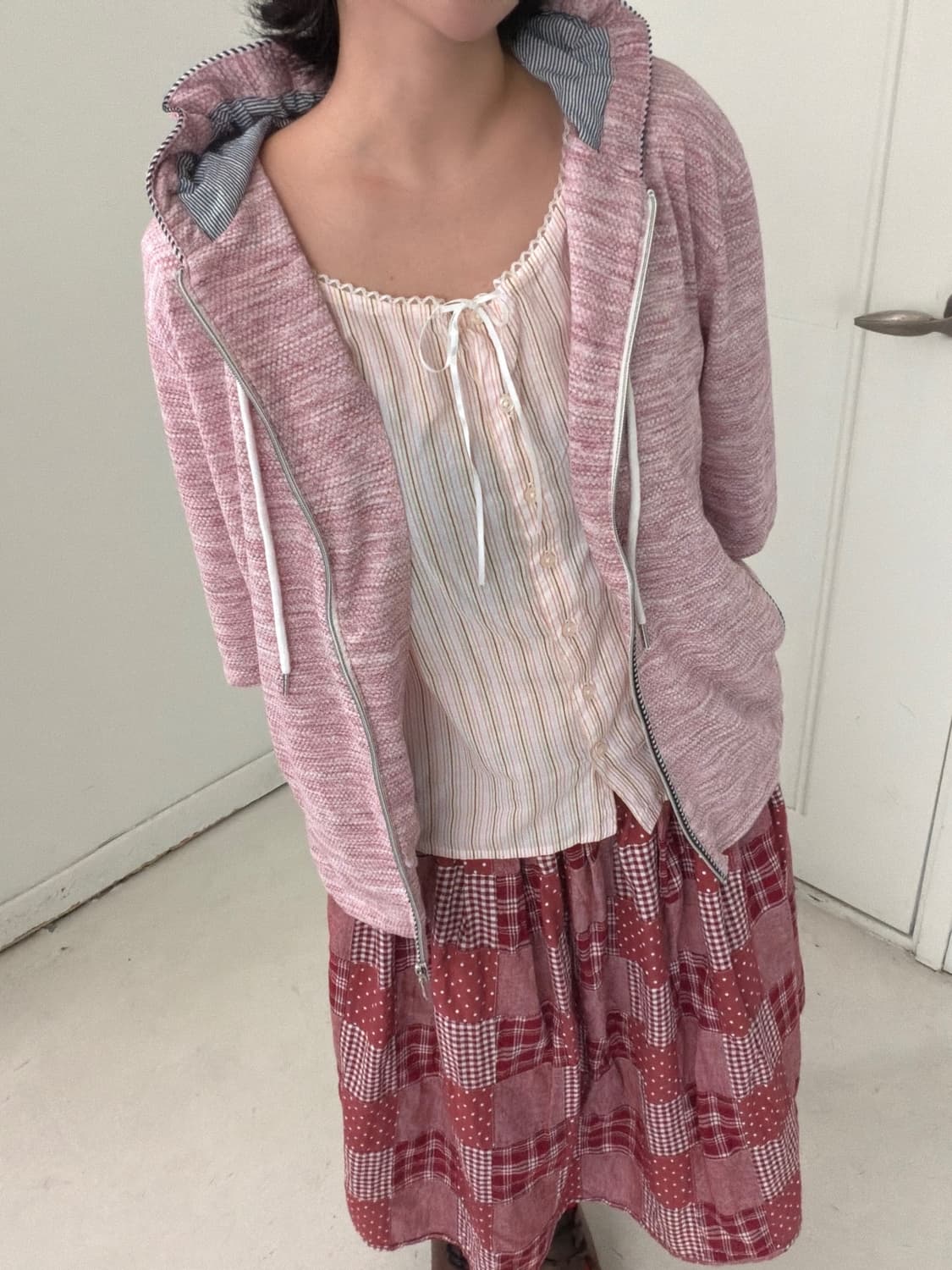 일본빈티지 핑크 레이스 슬리브리스 상품이미지2