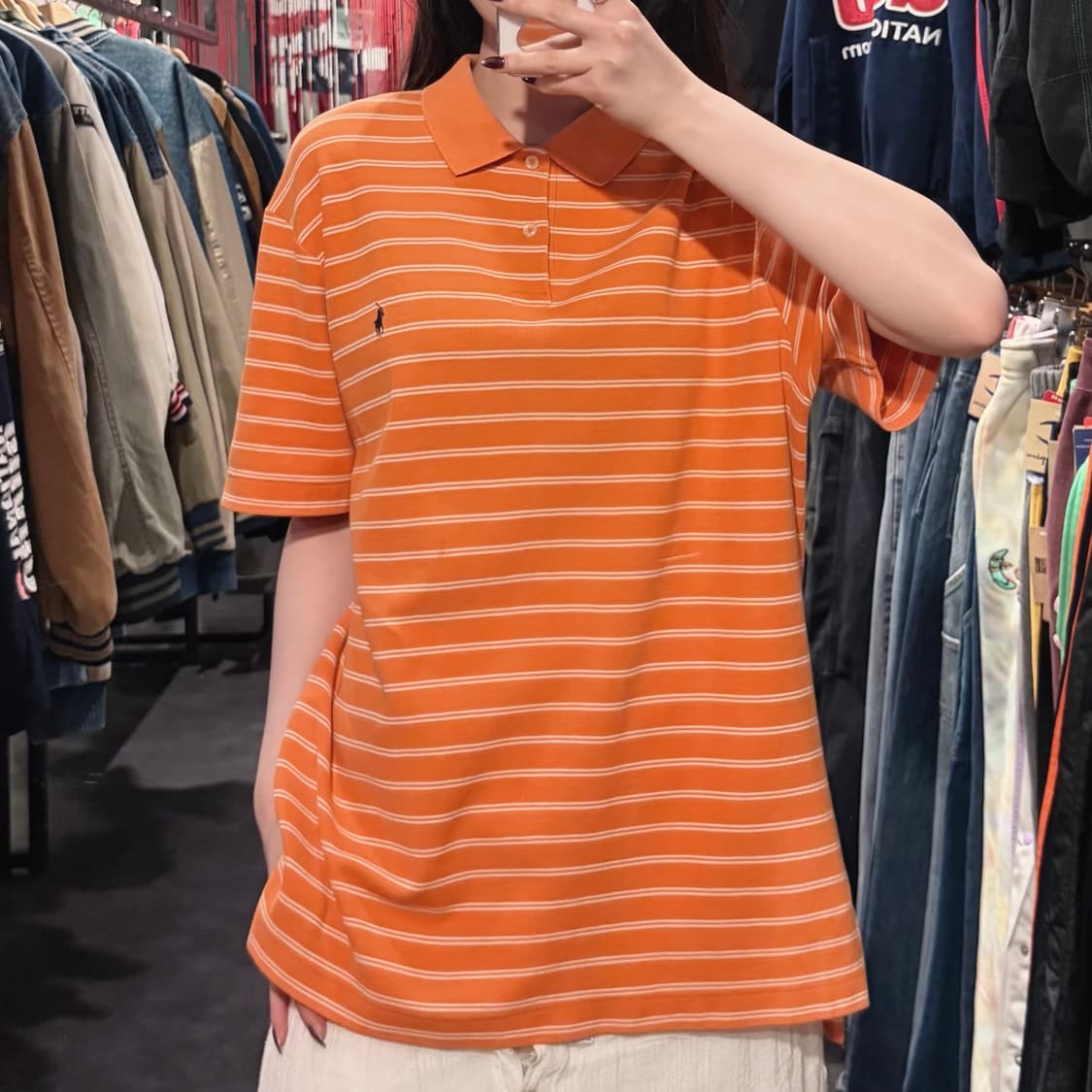  [IM] 폴로랄프로렌 스트라이프 반팔 피케 셔츠 오렌지 상품이미지1