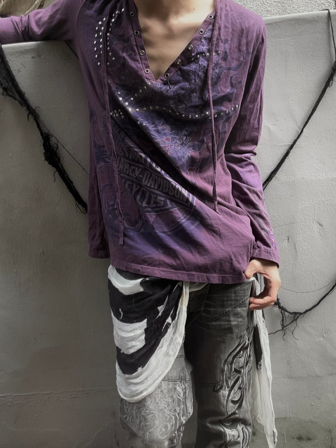 *rare* 할리데이비슨 레이스업 아일렛 드래곤 프린팅 롱슬리브  상품이미지1