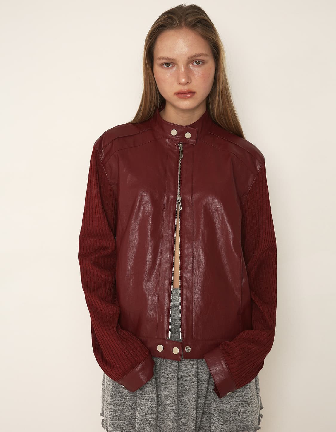 폴리수엠 RIBBED PANEL BIKER JACKET, RED 상품이미지1