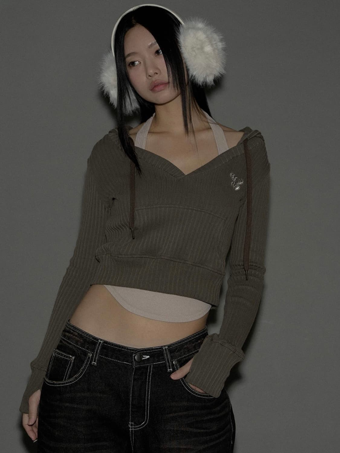 플리즈노팔로우 플노팔 Deer Ribbed Crop Hoodie Top  상품이미지5