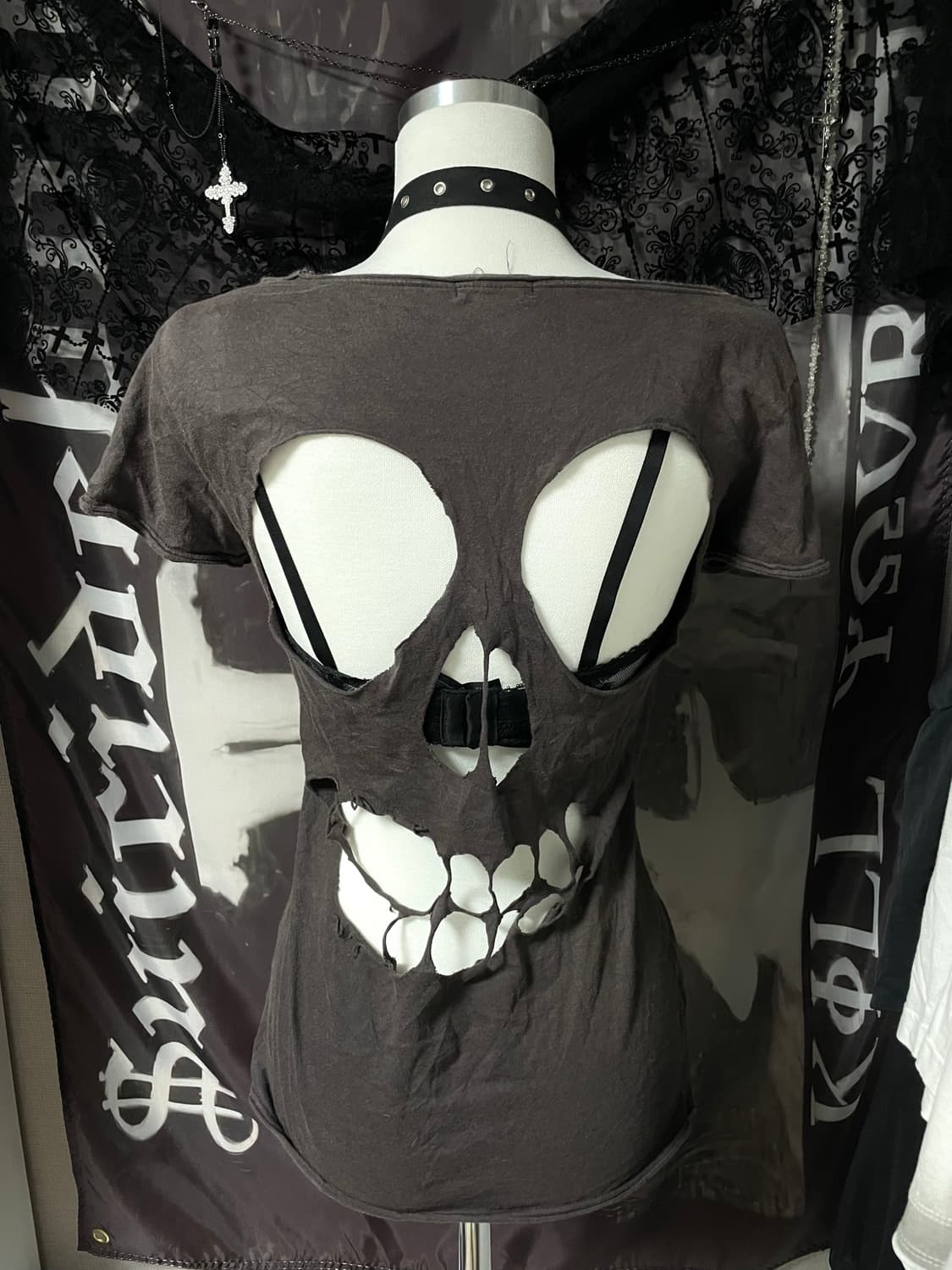 Vkei 00s 그런지 스컬컷아웃데미지슬림반팔티 섹시오네갸루펑크핀터대장 상품이미지1