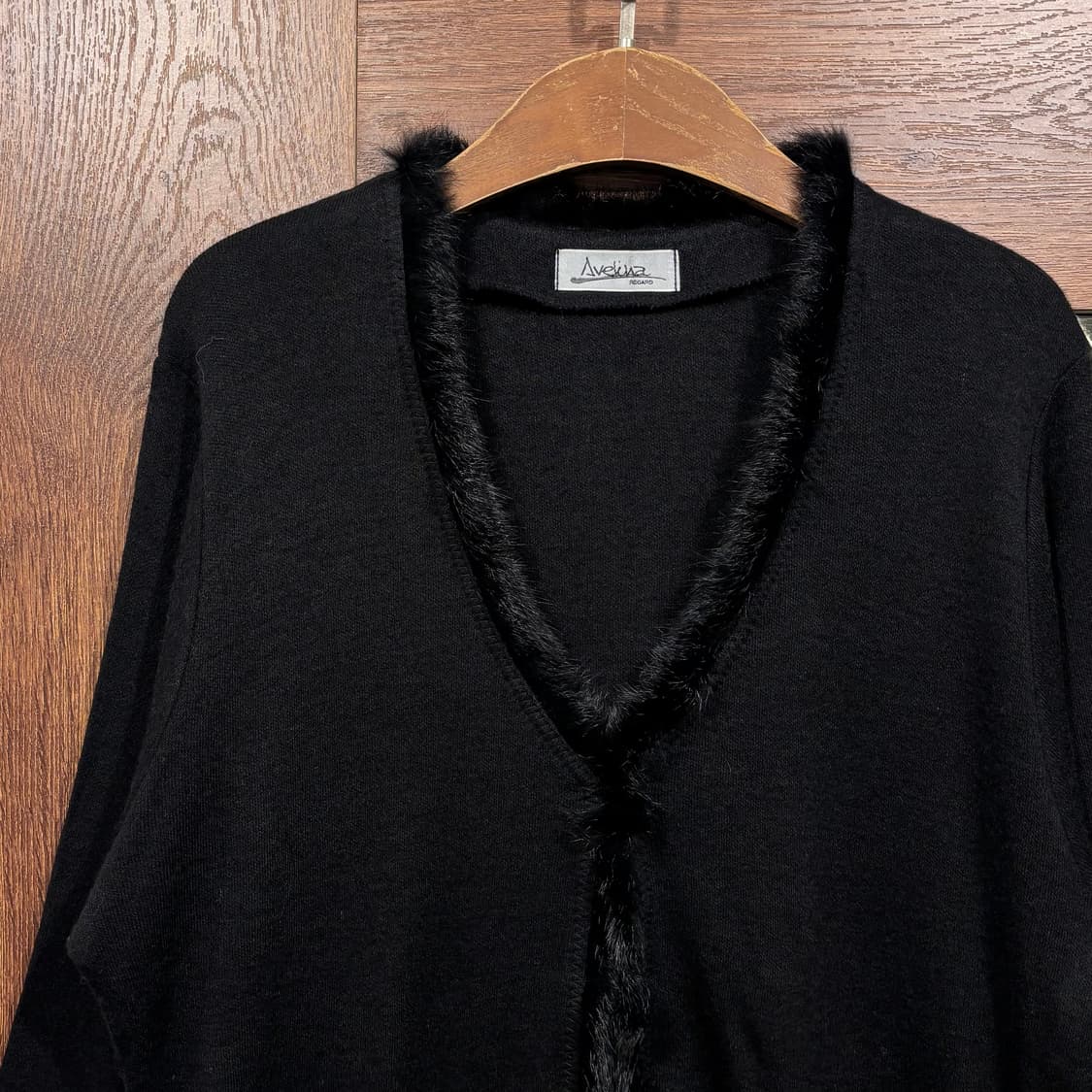 일본 빈티지 블랙 래빗 퍼 트리밍 원버튼 가디건 상품이미지4