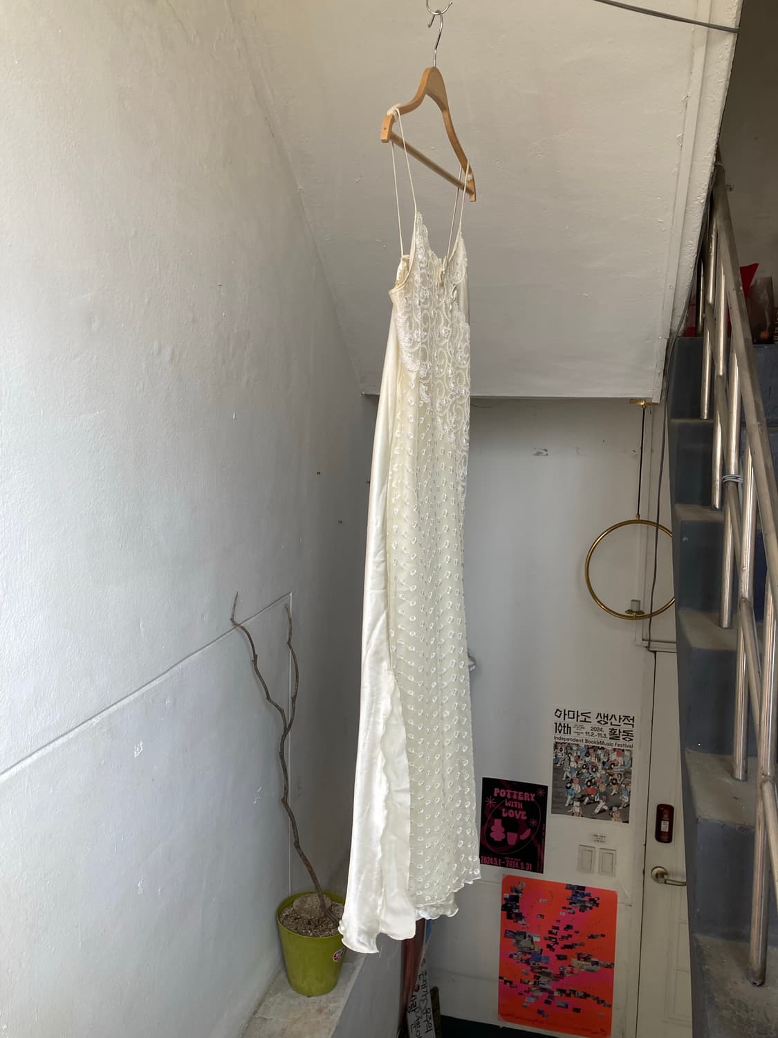 레이스 크림 롱 끈 슬립 원피스 상품이미지4