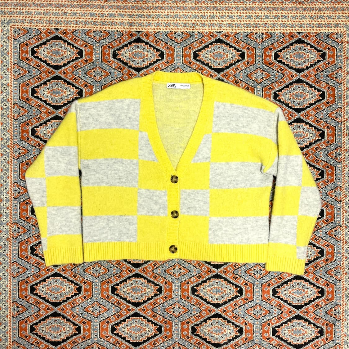 자라 옐로우 체크 크롭 가디건 여성S 상품이미지1