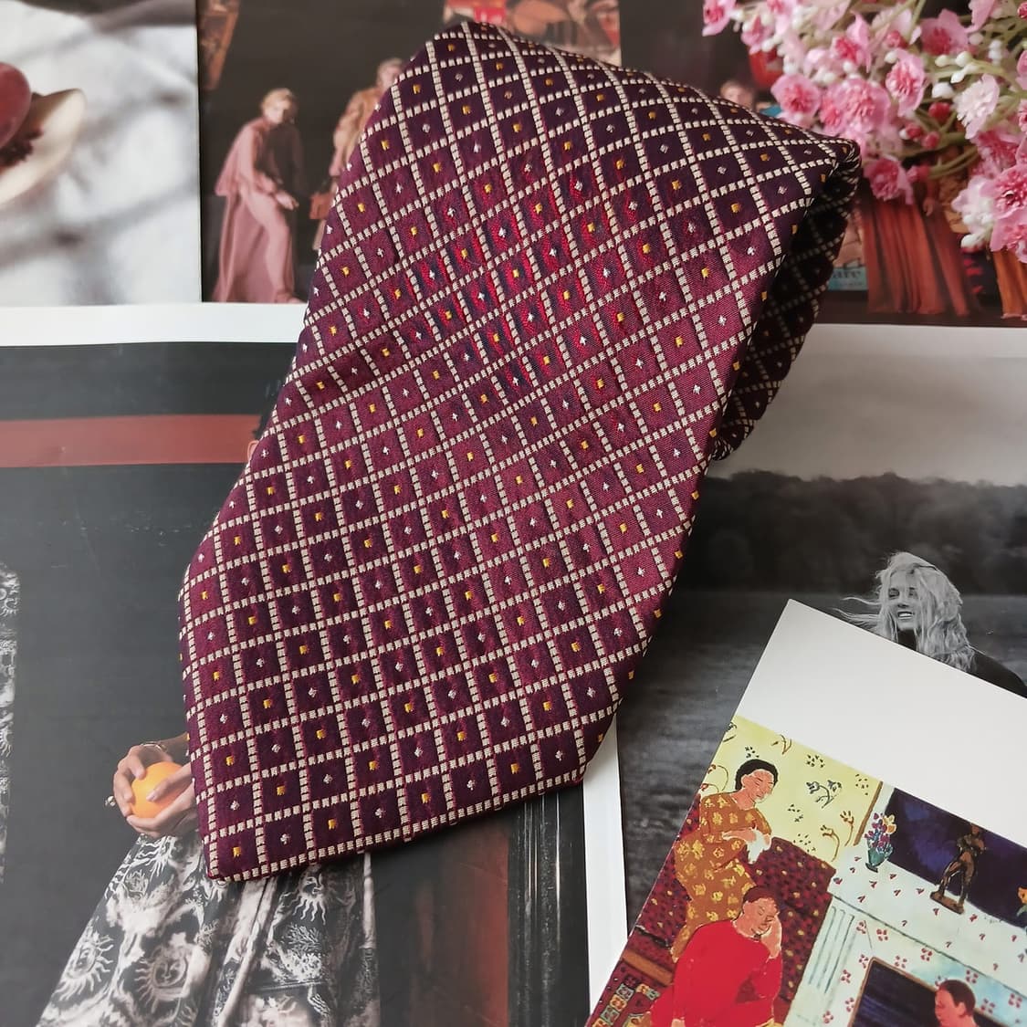 아쿠아스큐텀 실크 와인 기하 패턴 넥타이 9.4cm A등급 A19881
 상품이미지2