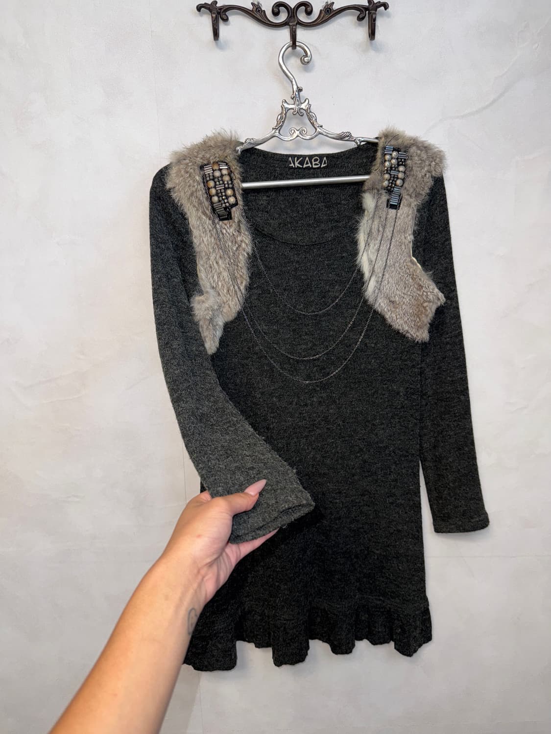 Charcoal rabbit fur trimming wool ops 상품이미지5